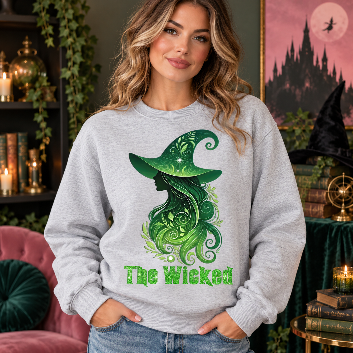 The Wicked green witch design on light grey crewneck model