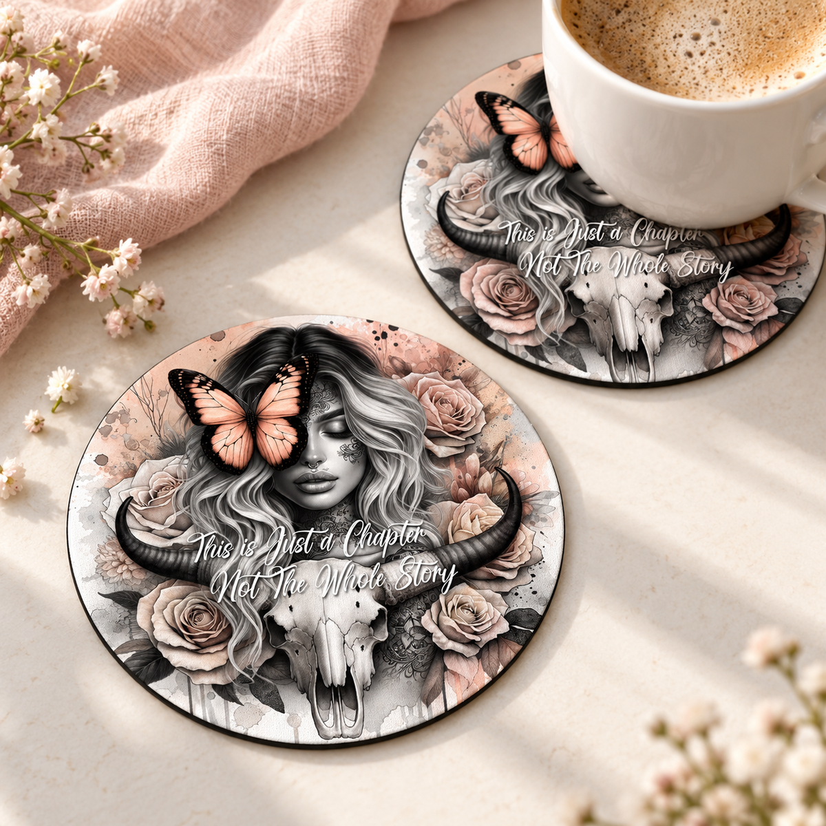 This is Just a Chapter Not The Whole Story Round coaster set of two with thin black rubber backing
