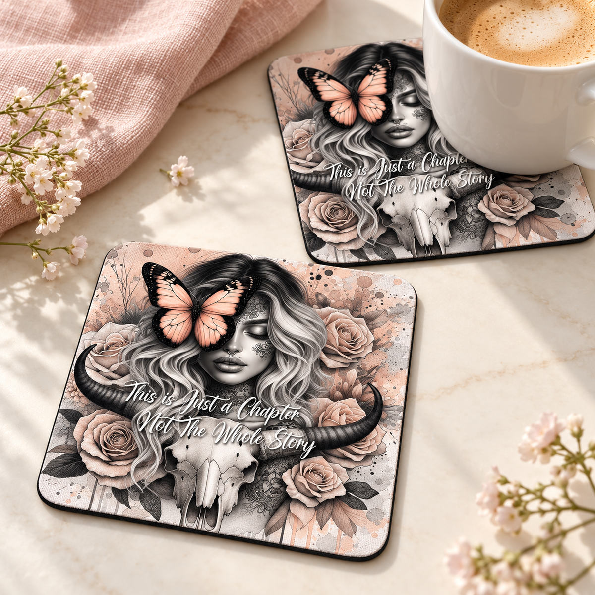 This is Just a Chapter Not The Whole Story Square coaster set of two with thin black rubber backing