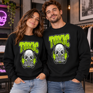 Toxic Skull Graphic Apparel on Black Crewneck