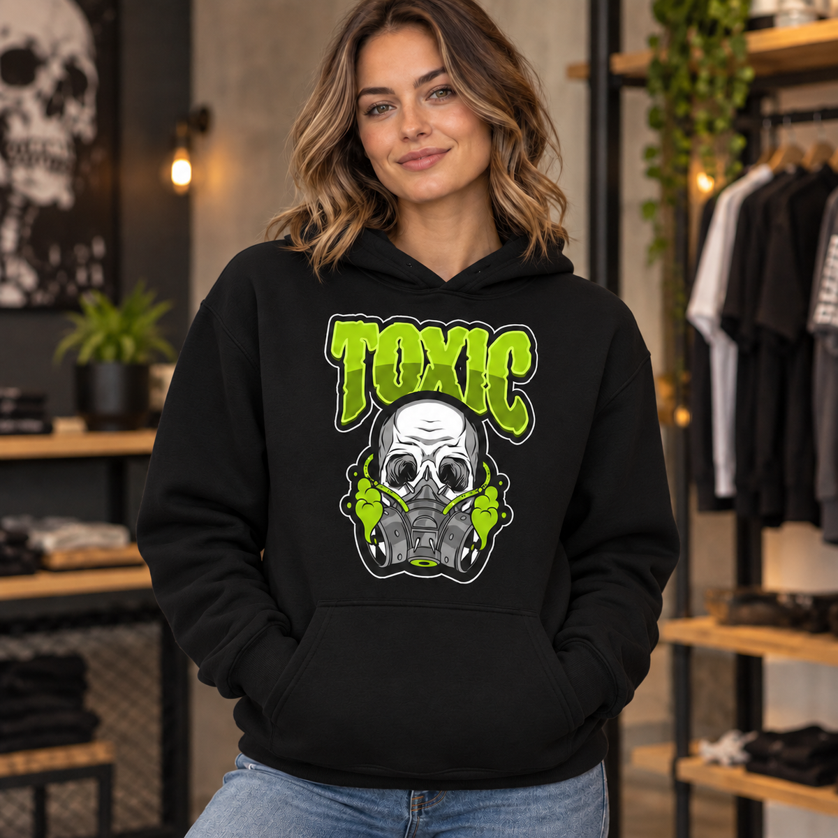 Toxic Skull Graphic Apparel on Black Hoodie
