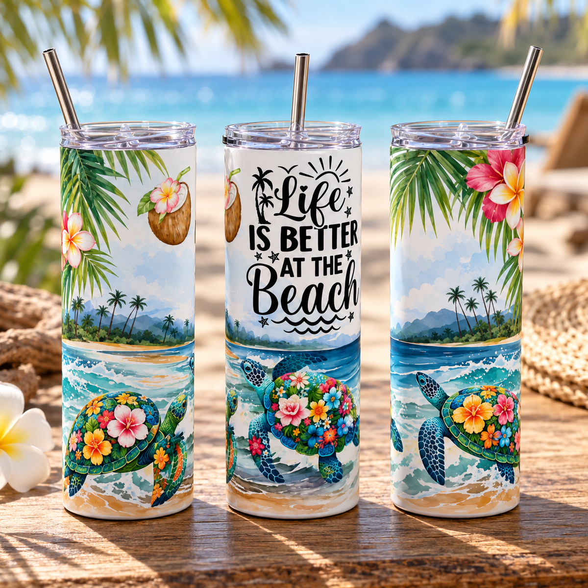 Life Is Better at the Beach Sea Turtle 20oz Skinny Tumbler – three-tumbler realistic lifestyle mockup