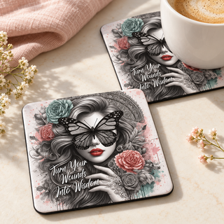 Turn Your Wounds Into Wisdom Square coaster set of two with thin black rubber backing