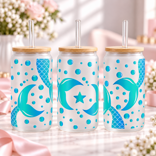 Turquoise Mermaid Tails frosted 16oz glass can — three views; one cup per purchase