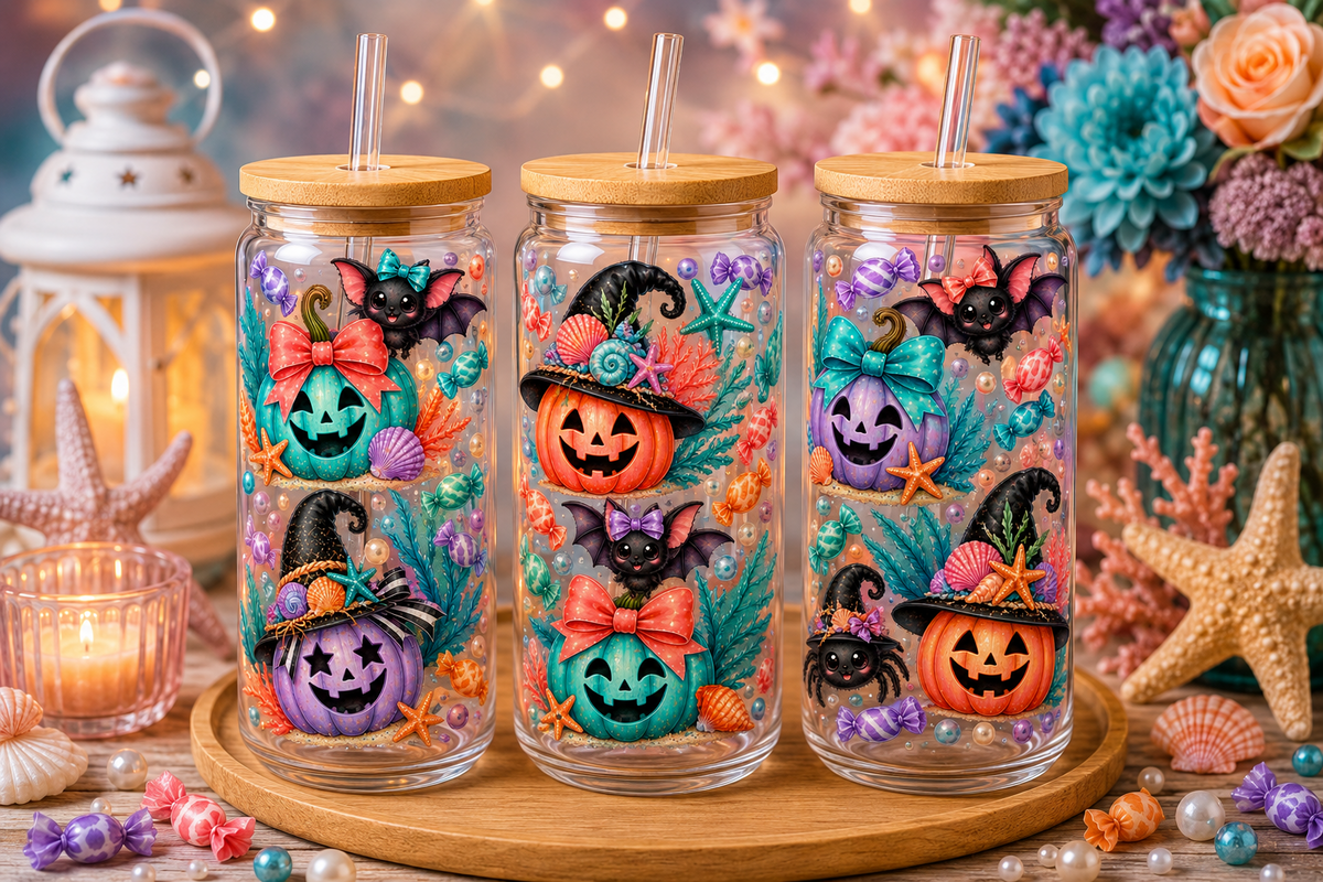 Under the Sea Pumpkin Halloween Glass Can Tumbler – alternate lifestyle view