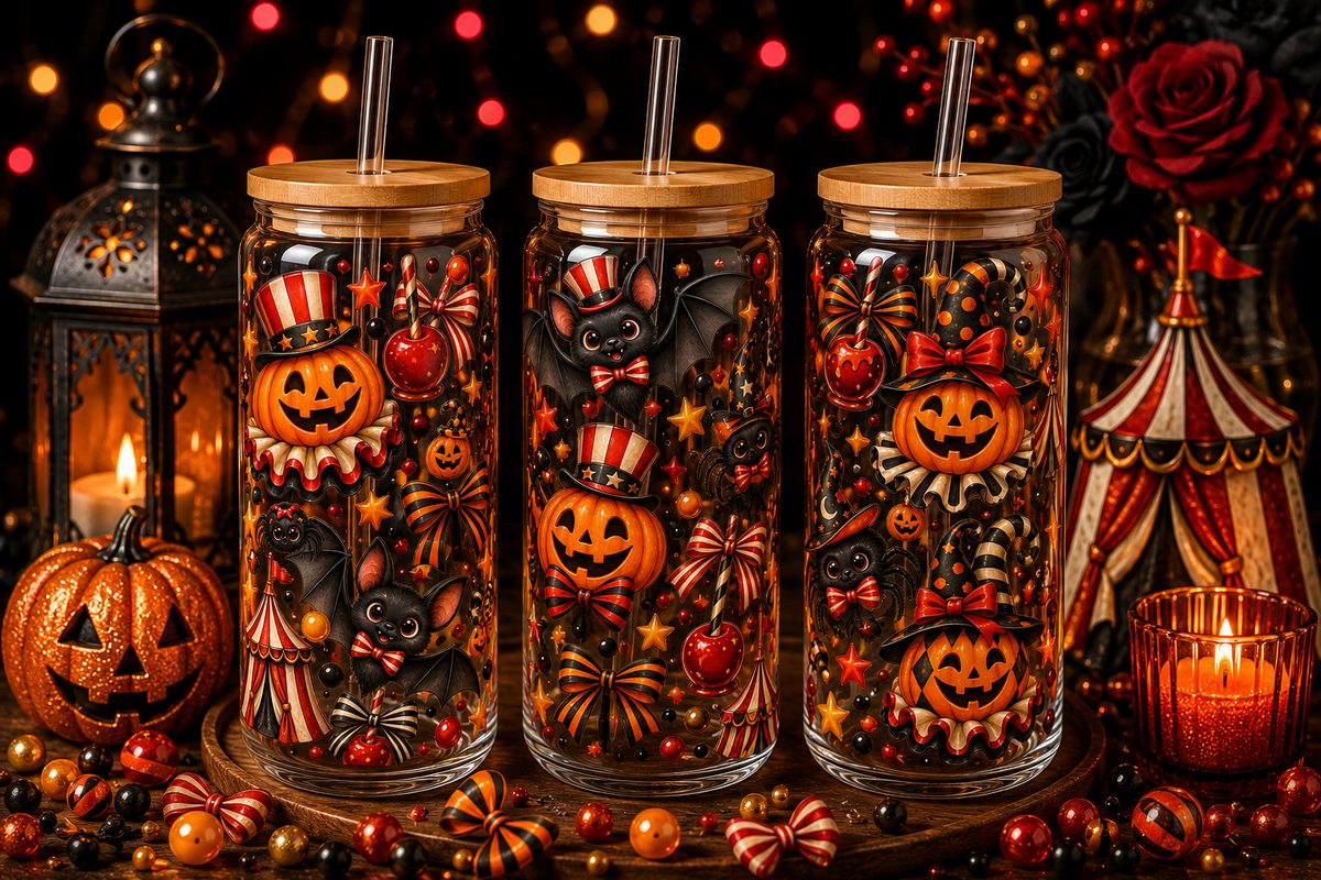 Vintage Carnival Pumpkin Halloween Glass Can Tumbler – alternate lifestyle view