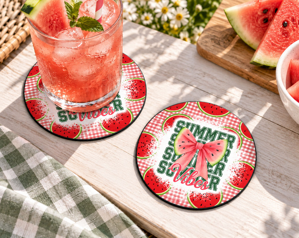 Watermelon Bow Gingham Coaster – Sweet Summer Cottagecore Decor — Round set of 2