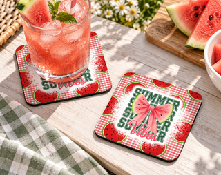 Watermelon Bow Gingham Coaster – Sweet Summer Cottagecore Decor soft coaster lifestyle mockup