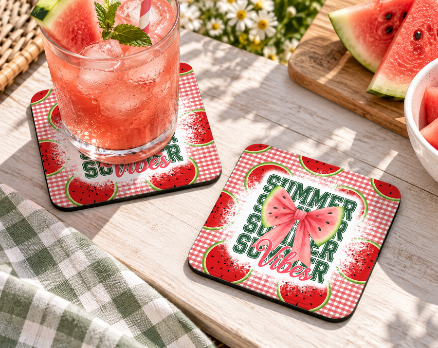 Watermelon Bow Gingham Coaster – Sweet Summer Cottagecore Decor