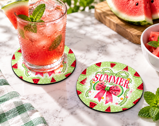 Watermelon Bow Polka Dot Coaster – Fresh Summer Drink Decor — Round set of 2