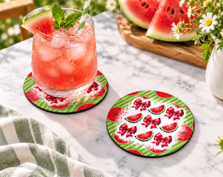 Watermelon & Bows Coaster – Retro Summer Cottagecore Decor — Round set of 2