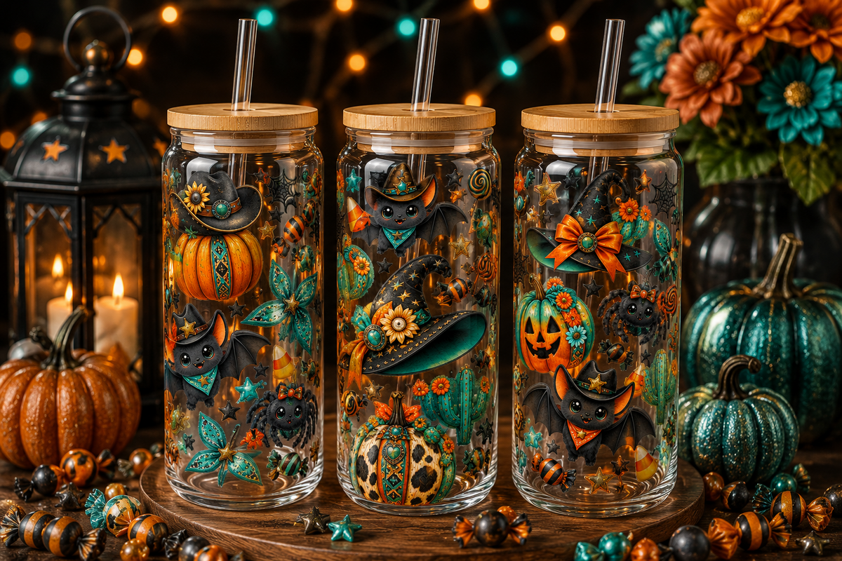 Western Teal Halloween Glass Can Tumbler – alternate lifestyle view