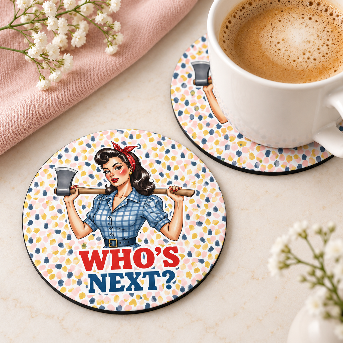 Who's Next Retro Axe round coaster set of two with thin black rubber backing