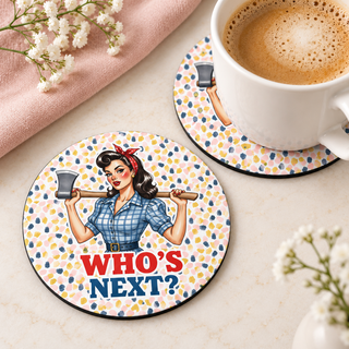 Who's Next Retro Axe round coaster set of two with thin black rubber backing