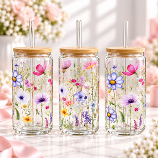 Wildflower Meadow Glass Can with Bamboo Lid & Glass Straw — clear; complementary views of one product