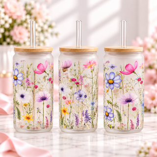 Wildflower Meadow Glass Can with Bamboo Lid & Glass Straw — frosted; complementary views of one product