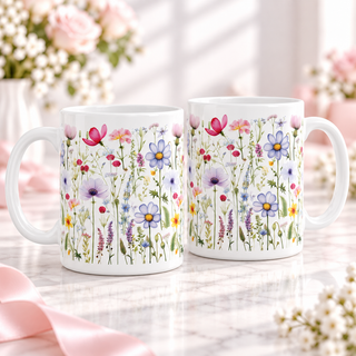 Wildflower Meadow Floral Mug – Botanical Garden Coffee Cup — mug; complementary views of one product