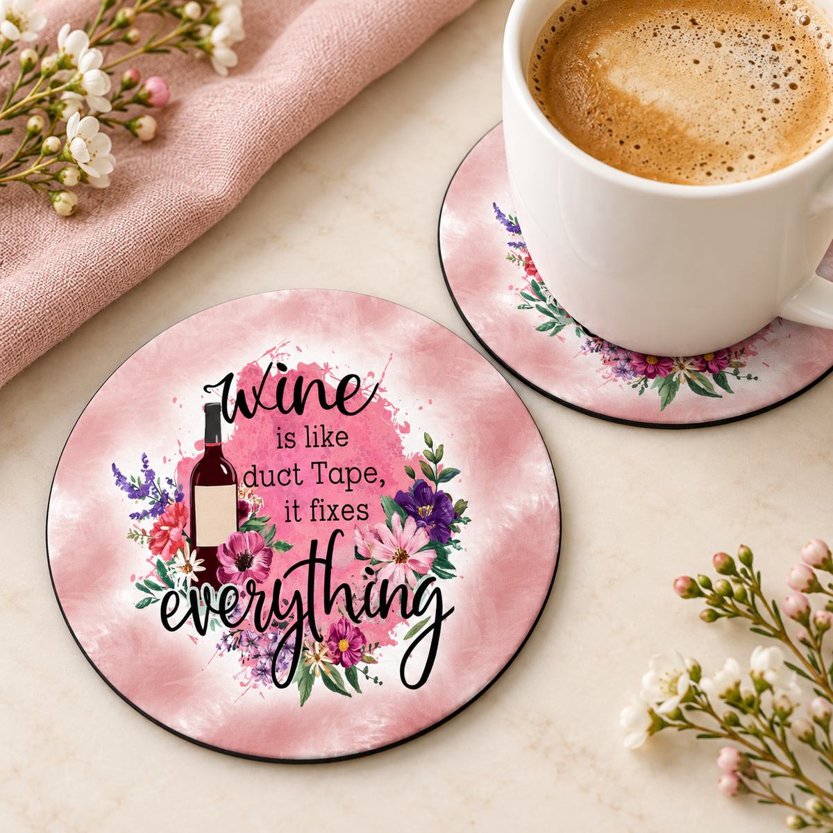 Wine Is Like Duct Tape round coaster set of two with thin black rubber backing