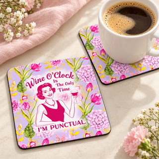 Wine O'Clock square coaster set of two with thin black rubber backing