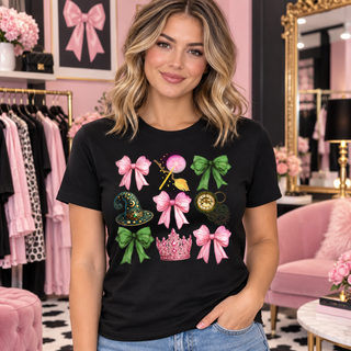 Pink and green magical collage design on black T-shirt model