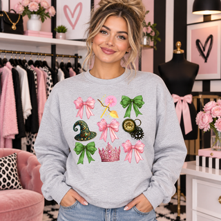Pink and green magical collage design on light grey crewneck model