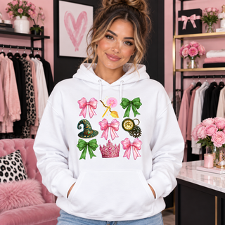 Pink and green magical collage design on white hoodie model