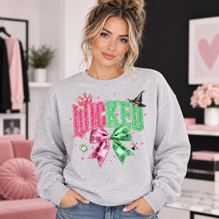 Glitter Wicked plaid bow design on light grey crewneck model