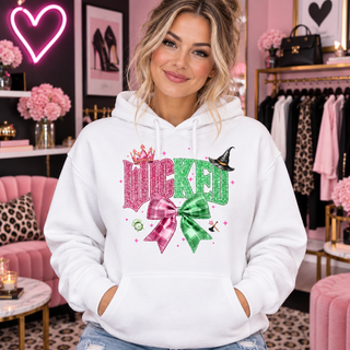Glitter Wicked plaid bow design on white hoodie model