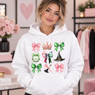 Pink and green Wicked icons design on white hoodie model