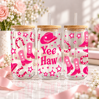 Yee Haw Pink Cowgirl 16oz Glass Can – Western Drinkware — clear; complementary views of one product