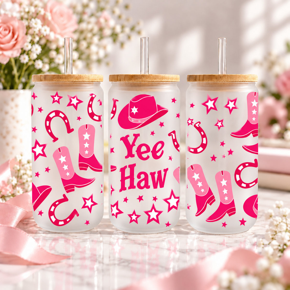 Yee Haw Pink Cowgirl 16oz Glass Can – Western Drinkware — frosted; complementary views of one product
