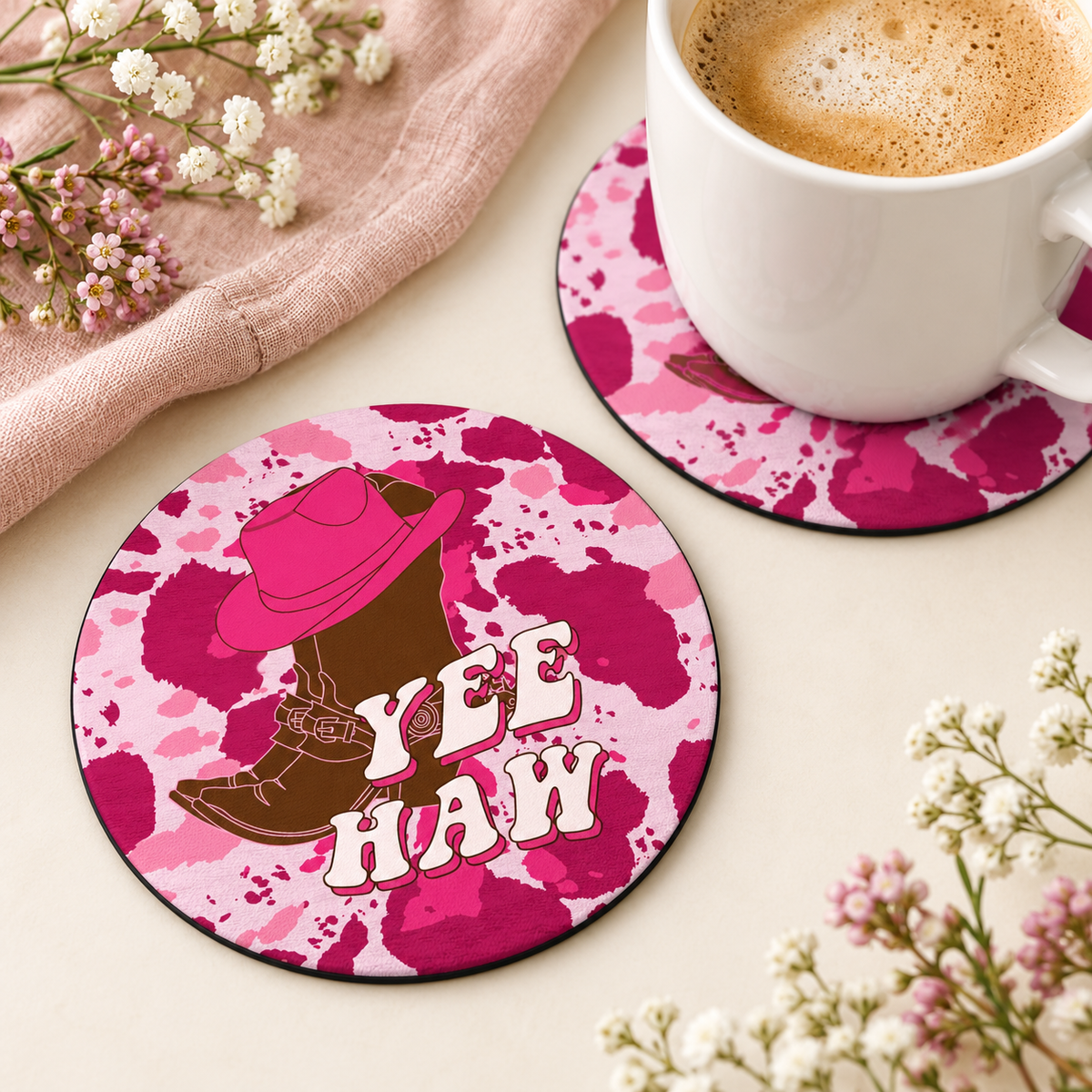 Yee Haw round coaster set of two with thin black rubber backing