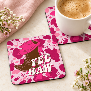 Yee Haw square coaster set of two with thin black rubber backing