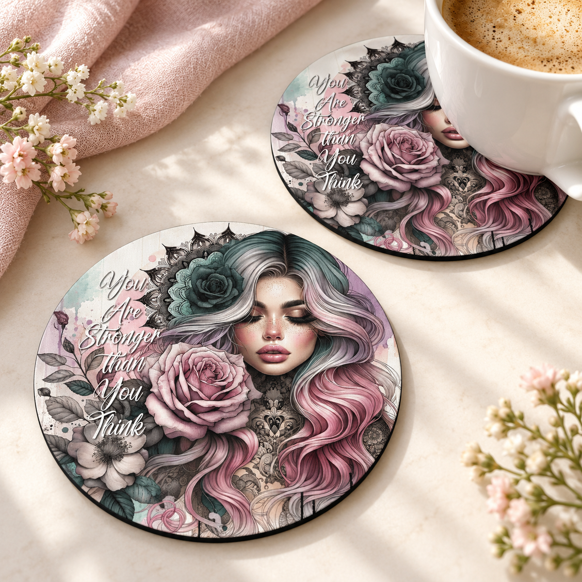 You Are Stronger Than You Think Round coaster set of two with thin black rubber backing