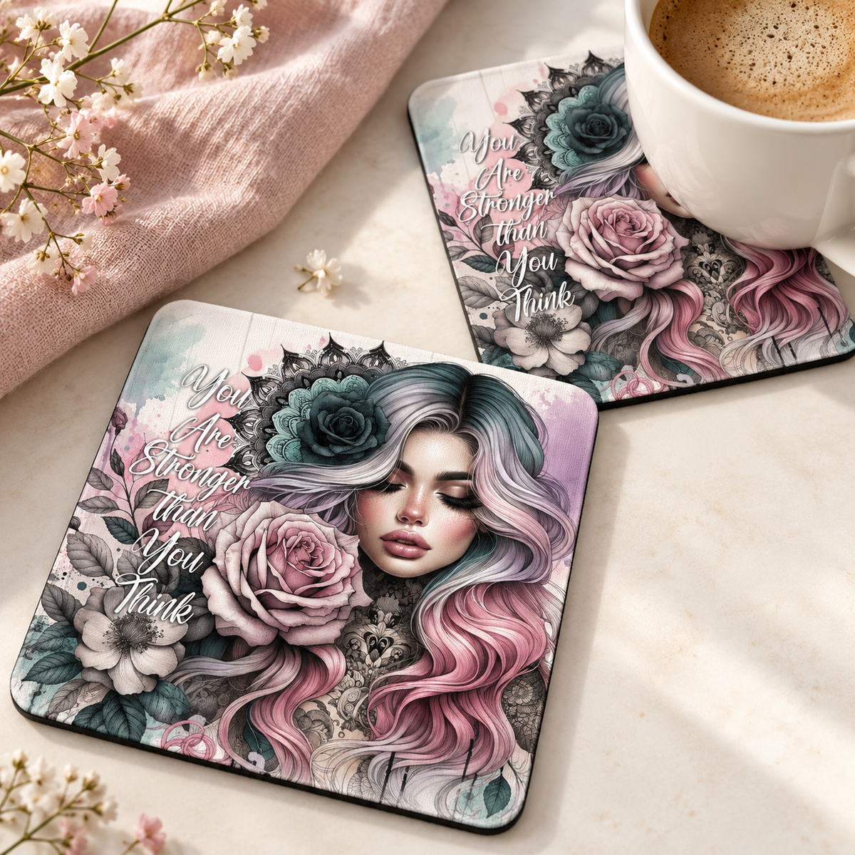You Are Stronger Than You Think Square coaster set of two with thin black rubber backing